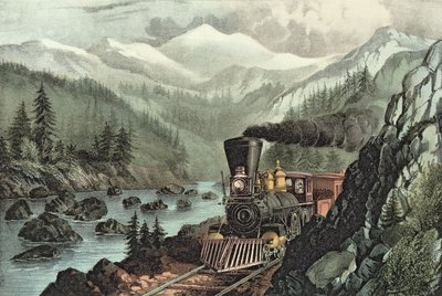 De route naar Californië. Truckee River, Sierra Nevada. Central Pacific spoorweg, 1871 door N. and Ives, J.M. Currier